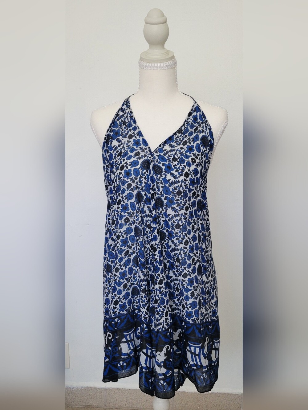 Band of Gypsies Blue Floral Halter Dress –Boho Beach Vacation 100% Cotton Small